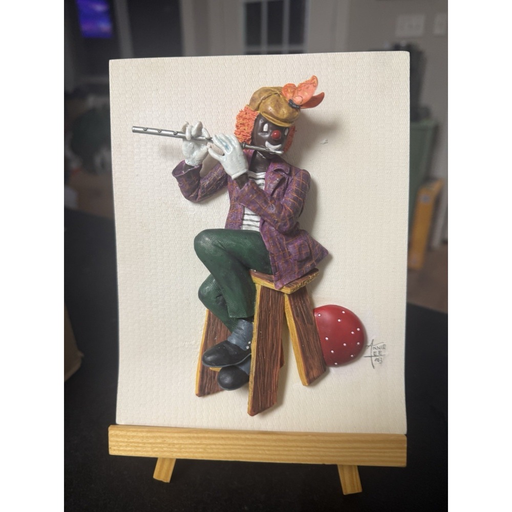Vintage Annie Lee Playing Flute Clown Plaque With Stand New Old Stock